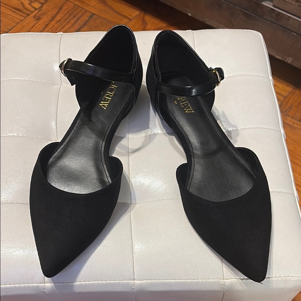 J. Crew Black Flats with Ankle Strap and Pointed Toe